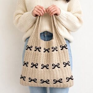 NEW Zenana Tan Knit Bow Tote Bag Cottagecore Coquette Soft Girl Boutique